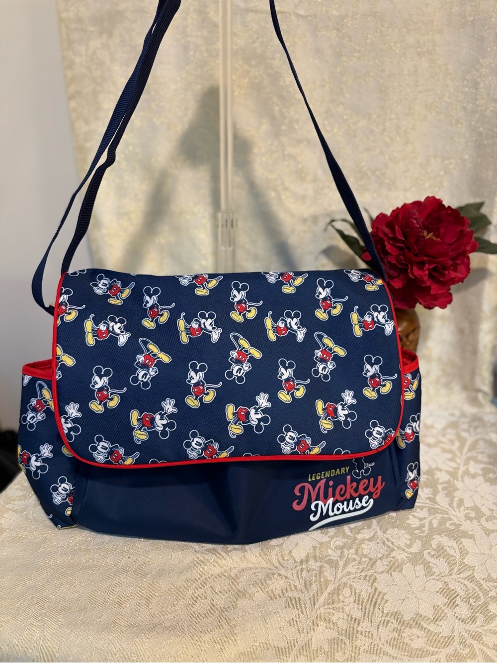 Disney Baby Navy Mickey Mouse Messenger Style Diaper Bag with Red Trim